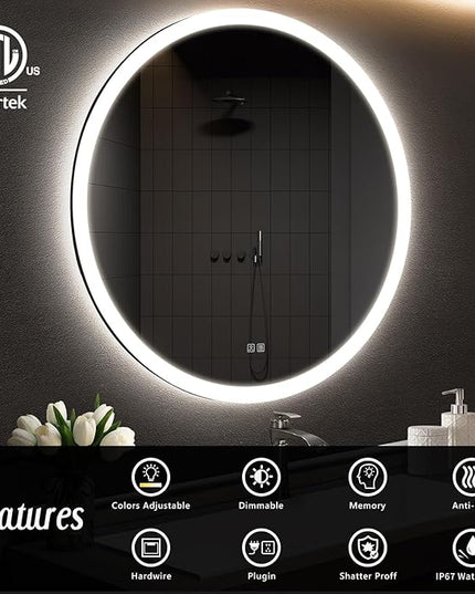 APRILSOUL 32 Inch Round LED Bathroom Vanity Mirror with Front and Backlit, Led Mirror with Anti-Fog, 3 Colors and Dimmable Light