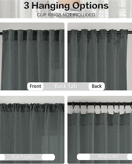 DUALIFE Grey Extra Long Sheer Linen Curtain Panels 108 Inches for Living Room Back Tab Rod Pocket Light Filtering Farmhouse Semi Sheer Linen Curtains for Large Tall Window, Gray 52x108 2 Panels