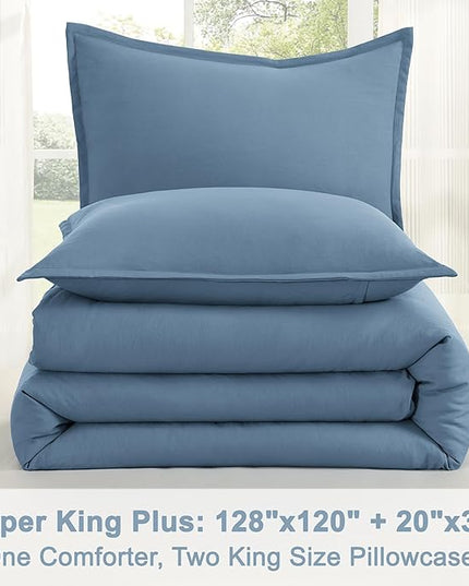 Litanika Oversized King Comforter Set Grayish Blue Super King Plus Size, 3 Pieces Lightweight Solid Bedding Comforter Set, All Season Fluffy Bed Set (128x120In Comforter & 2 Pillowcases)