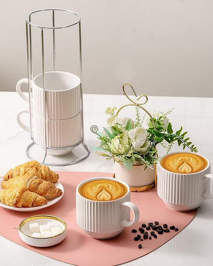 HASENSE Coffee Cups Set of 4 with Stand, 15 OZ Stackable Coffee Mugs with Handle for Tea, Cocoa, Cappuccino, Latte and Americano, Porcelain Vertical Stripe Coffee Cups for Men and Women, Pure White