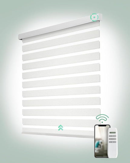 Yoolax Motorized Zebra Blinds, Remote Zebra Shades for Indoor Windows, Motorized Shades with Remote Light Control Horizontal Window Blinds Custom Size(60% Shading Sheer White)