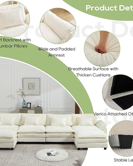154" Modular Sectional Sofa, Comfy Cloud Couch Sectional Sofa with Ottoman, Chenille Sofa Sleeper Deep Seat Sofa with Throw Pillows for Living Room (Beige White, 154"- U Shape)