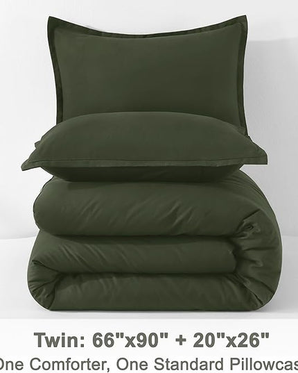 Litanika Dark Olive Green Twin/Twin XL Comforter Set, 2 Pieces Solid Bedding Comforter Set, All Season Fluffy Bed Set (66x90In Comforter & 1 Pillowcase)