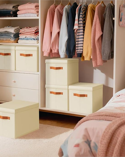 Storage Bins with Lids - Large Fabric Closet Bins with Lid, 8 Pack Clothes Organizers and Storage, Collapsible Stackable Cube Basket for Home, Office, Dorm, Beige