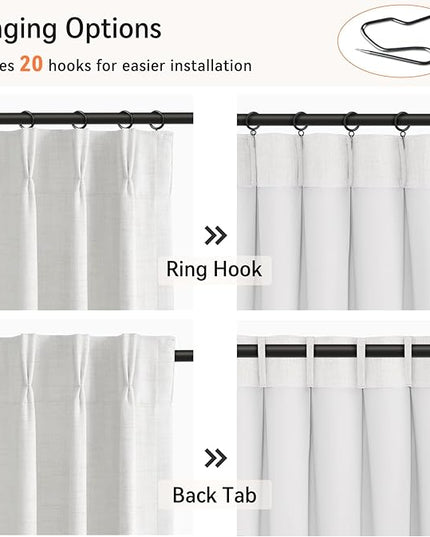 100% Blackout Shield Linen Look Textured Pinch Pleated Curtains Blackout Drapes 96 Inch Long 2 Panels Set, Faux Linen Blackout Curtains for Bedroom & Living Room, 40" W x 96" L, Bright White