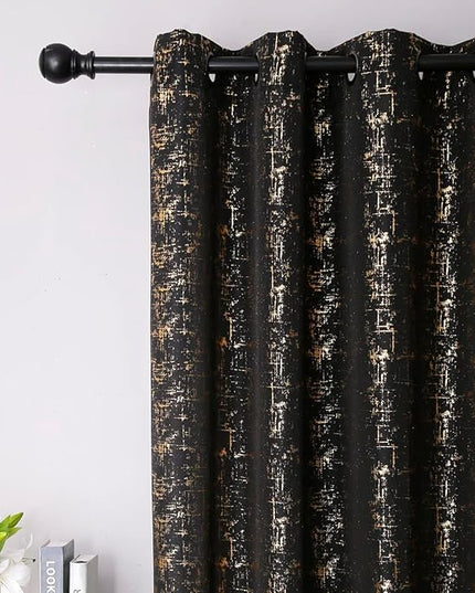 Taisier Home Gold Foil Print Linen Textured Curtains - Geometric Dots Pattern Design for Nursery, Toy Room - Thermal Insulated Window Treatment, 2 Panels, 54" L, Black and Gold