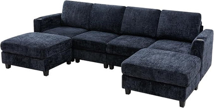 110" Chenille Sectional Sofa with Movable Ottomans, Modular U-Shape Couch with Cup Holders, Convertible 4 Seater Sofa with Well-Filled Backrest Cushions for Living Room, House, Blue
