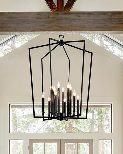 Vezzio Black Chandelier, 12-Light Modern Farmhouse Chandeliers Geometric Industrial Pendant Light Fixture Lantern for Dining Room Foyer Kitchen Island High Ceiling Hallway Entryway, D30 Inch