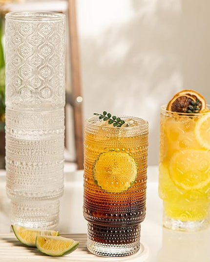 16oz Drinking Glasses Set of 4, 2 Hobnail Glasses & 2 Embossed Water Goblets, Flower Design Stackable Vintage Tumbler Glasses, Old Fashion Beaded Glass Cups for Cocktail, Iced Coffee, Beer