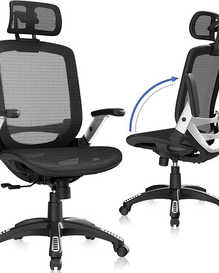 GABRYLLY Ergonomic Office Chair, High Back Home Desk Chair with Headrest, Flip-Up Arms, 90-120° Tilt Lock and Wide Cushion, Big and Tall Mesh Chairs for Man Woman, Black Task Chair