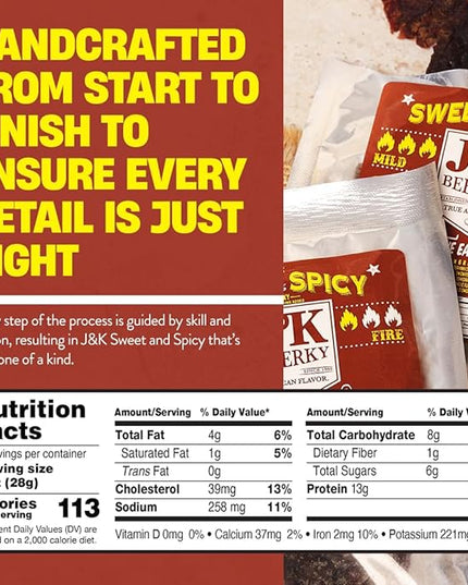 J&K Sweet and Spicy Beef Jerky - Hand Crafted Small Batch American Made Slab Beef Jerky - Bold & Flavorful Snack! - 7oz Big Bag