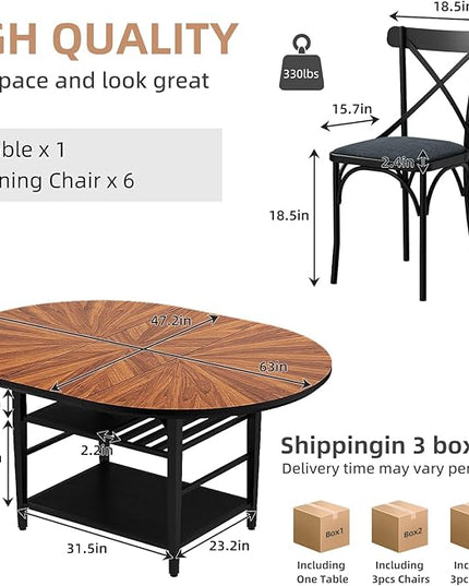 VFK 47.2"-63" Extendable Round Dining Table Set for 4–6, Solid Wood & Metal Table with Wine Rack Storage Shelf, Walnut Kitchen Furniture with 6 Upholstered Chairs (Storage Table and 6 Black Chairs)