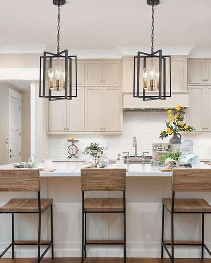 Black Gold Chandelier for Dining Room, Modern Farmhouse 3 Light Entryway Pendant Light Fixture Adjustable Geometric Industrial Rustic Foyer Light for Living Room Kitchen Island Hallway Bedroom