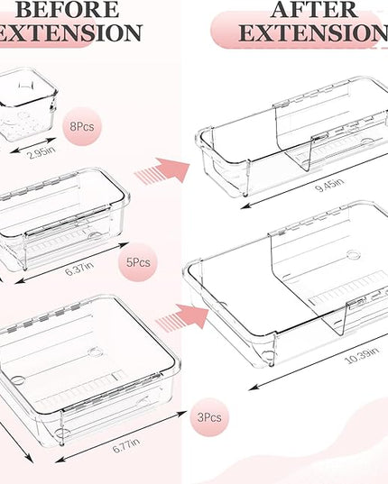 DILIBRA 16 Pcs Clear Extendable Drawer Organizer, Adjustable Drawer Storage 3-Size Desk Drawer Organizer, Plastic Non-Slip Storage Bins for Makeup, Cosmetic, Jewelries, Utensils, Stationery, Dressers