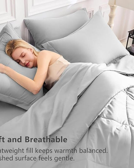 CozyLux Queen Comforter Set Light Grey - Bed in a Bag Queen Size 7 Pieces, Luxury Soft Bed Set for All Seasons, Bedding Set with Down Alternative Comforter, Sheets, Pillowcases & Shams