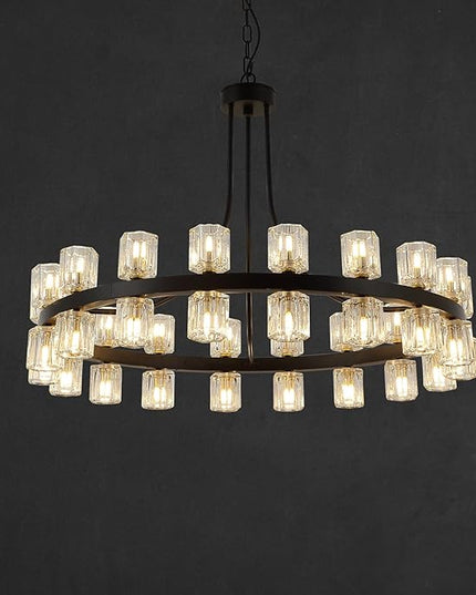 36" Wagon Wheel Chandelier Black Wagon Wheel Chandelie with Crystal Shade,Modern Style, Ideal for Dining Room, Kitchen, Entryways,36-Lights