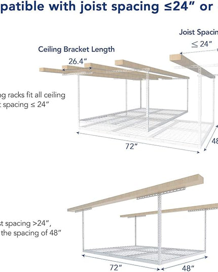 FLEXIMOUNTS 4x6 Overhead Garage Storage Adjustable Ceiling Rack 72" Length x 48" Width x 40" Height, 450lbs Weight Capacity, White, Classic Series
