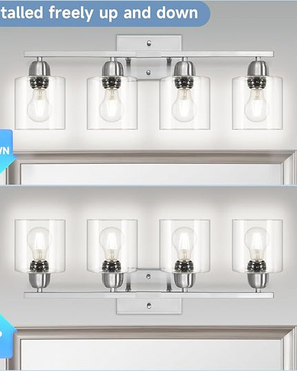 Modern Brushed Nickel 4 Light Bathroom Light Fixtures, 24 inch Vanity Lights for Bathroom with Clear Glass, Vanity Lights for Mirror Kitchen Living Room Hallway Cabinet Porch