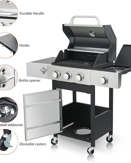 3-Burner Propane Gas Grill with Side Burner, 37,230 BTU Stainless Steel BBQ Grill with Enamel Cast Iron Grates, Warming Rack & Locking Wheels for Outdoor Patio