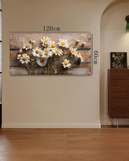 KZKU Rustic Daisy Canvas Wall Art-Large Farmhouse Floral Print- White Flowers on Weathered Wood Background- Modern Decor for Living Room Bedroom 24X48in
