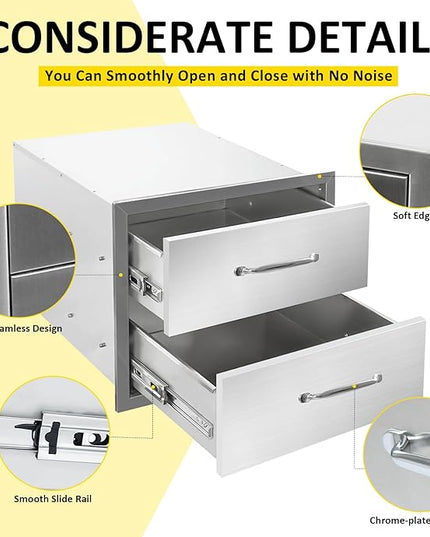 Outdoor Kitchen Drawers 18" W x 15" H x 23" D Flush Mount Double layer BBQ Drawers with Chrome Handle,Stainless Steel Built-in 2-Drawer for Outdoor Kitchen Island, Patio Grill Station
