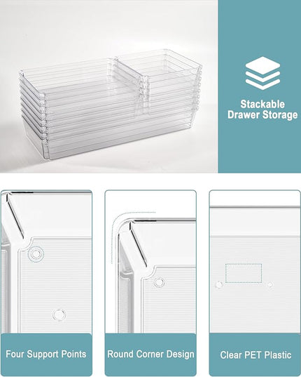 9 Pack Large Clear Plastic Drawer Organizer Trays, Desk Drawer Organizers and Storage Dividers, Non-Slip Storage Bins for Jewelry, Snacks, Office, Bathroom, Bedroom and Kitchen