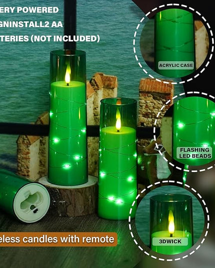 Flickering Flameless LED Candles,Battery Operated Candles 9 Pcs with Embedded Star String,Acrylic LED Pillar Candles with Remote,Suitable for Home Decoration to Create an Atmosphere (Green)