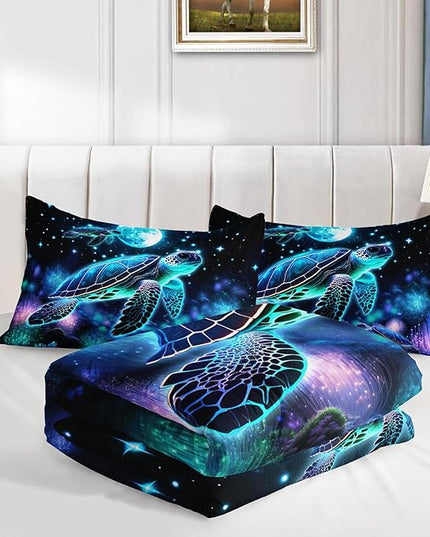 Sea Turtle Comforter Kids Bedding Set Full Size,Glowing Waterweed Moon Flash Print Comforter Set for Kids Teens Boys Girls Room Decor,Nautical Reptile Animal Bedding Set with 2 Pillowcases.