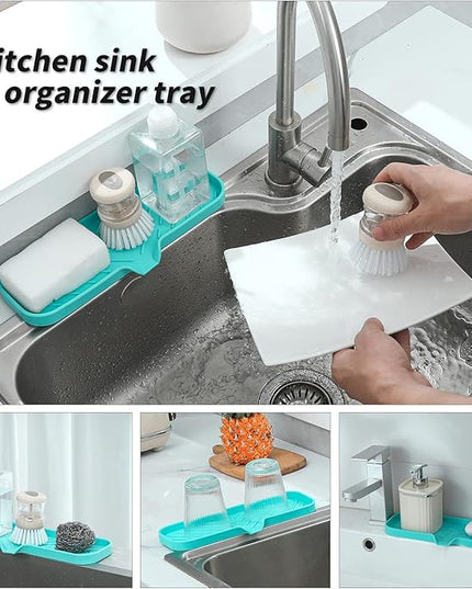 Silicone Bathroom Soap Dishes with Drain Spout-Bathroom and Kitchen Sink Organizer,Sponge Holder,Dish Soap Tray,Perfect for Dispenser,Scrubber,Bottle,Cup on Sink or Counter-Mint 12"×4"