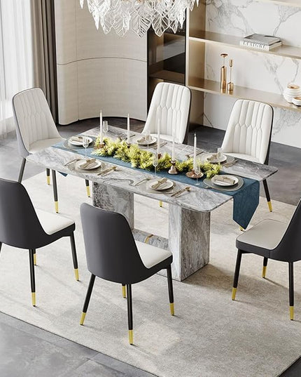Dinner Table Set for 6, 7 Piece Dining Table Set with Chairs, 63" Faux Marble Modern Table with 6 PU Leather Upholstered Chairs, for Kitchen & Dining Room