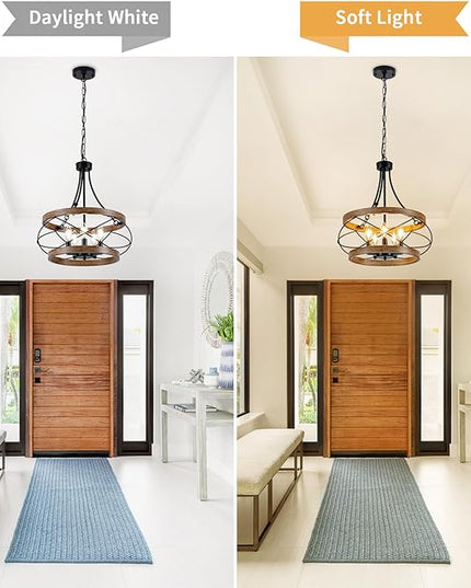 5-Light Farmhouse Chandelier, 17.72" Rustic Drum Dining Room Light Fixture, Vintage Wood Finish Metal Hanging Pendant Lighting, Industrial Candle Chandeliers for Living Room Kitchen Entryway Bedroom