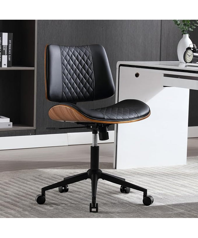 Home Office Chair No Arms with Wheels, Adjustable Height Small Desk Chair, PU Leather Mid Back 360 Swivel Computer Chair, Armless Modern Walnut Chair for Office, Reading Meeting Room(Black)