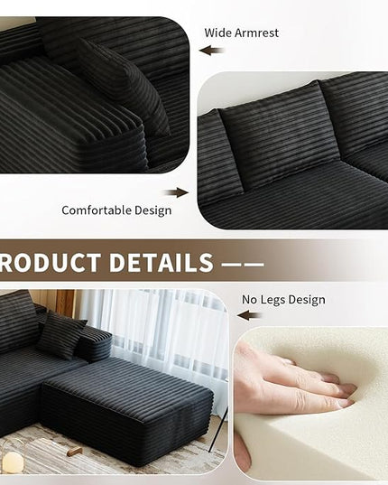 168.5" Modular Sectional Sofa, Oversized U-Shaped Minimalist Couches with 1 Middle Seat and 2 Ottomans Chaise, Modern Deep Seat Convertible Sleeper Sofa, Cloud Plush Corduroy Fabric,7 Seater, Black