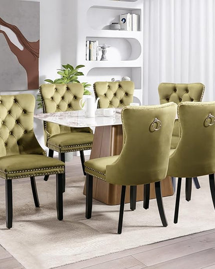 SoarFlash Velvet Dining Chair Set of 8, Upholstered Tufted Dining Room Chair with Nailhead Trim and Solid Wood Leg for Kitchen (Olive Green)