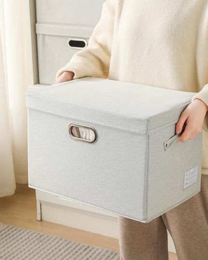 PRANDOM Collapsible Storage Bin with Lid [3-Pack] Fabric Foldable Storage Box Organizer Container Basket Cube with Cover for Home Bedroom Closet Office Beige(15.3x10x9.7)
