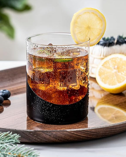 MyGift 12 oz Modern Cocktail Glasses with Slanted Matte Black and Gold Tone Plated Design, Angled Dipped Design Double Old Fashioned Lowball Whiskey Rocks Drinking Glass, Set of 6
