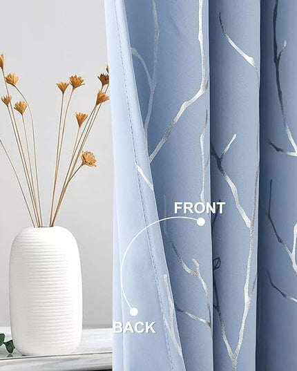 BUHUA Black Out Curtains 72 Inch Long 2 Panels, Soundproof Curtains with Elegant Silver Tree Branches Print, Heat Blocking Curtains for Livingroom, 38W x 72L, Baby Blue