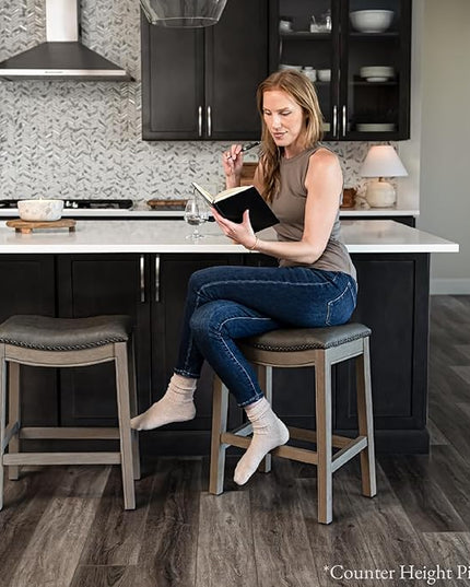 Maven Lane Adrien Backless Bar Stool – 31 Inch Saddle Seat with Footrest – Grey Solid Wood Frame & Grey Faux Leather Upholstery – Ideal for Bars, Pub Tables & Tall Kitchen Counters