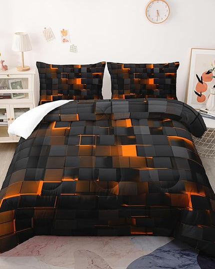 Geometric Yellow Black Comforter Set,Light Honeycomb 3 Piece Bedding Set King Size for Teen Boys,Modern Quilt Set Geometry Decor,Microfiber Lightweight 1 Comforter 2 Pillowcases All Season