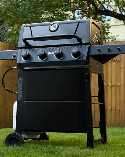 4-Burner Gas BBQ Grill with Side Table, 36,000 BTU Outdoor Propane Grill with Enameled Coated Chamber Body, Premium Porcelain-Enameled Grates for Backyard, Patio, Camping Barbecue, Black