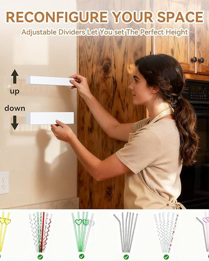 9.5 Inch Cabinet Door Acrylic Straw Holder with Double-Sided Tape, Kitchen Countertop Cabinet Storage Box in (White)