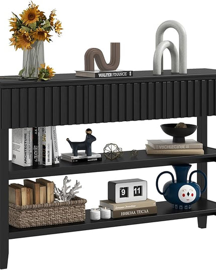 LAZZO Painted Wood Console Table Narrow Long Modern Fluted Entryway Table Behind Sofa Couch with 3 Drawers and 2-Tier Storage Shelf for Living Room, Foyer and Hallway (Black, 2 Tiers)