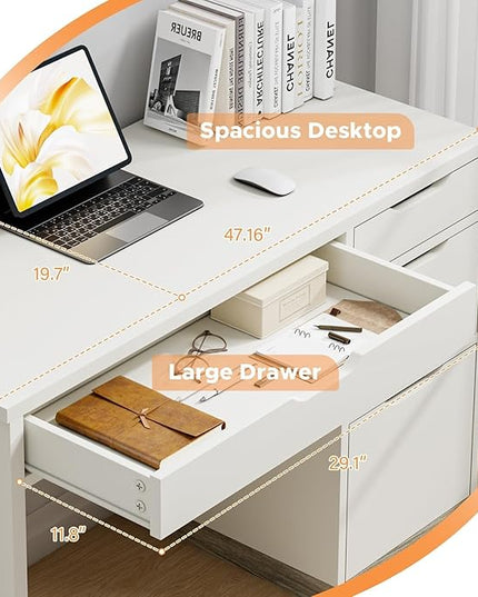 White Desk with Drawers, 48 Inch Small Computer Desk with 4 Storage Drawers for Small Space, Home Office Desk for Bedroom with Storage File Cabinet