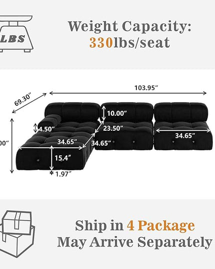 JACH 104'' Modern Sectional Sofa, L-Shaped Minimalist Velvet Floor Sofas Couches, Couch Sectional with Reversible Chaise Ottoman for Living Room Office Apartment (3 Seats,1 Ottoman, Black)
