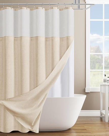 Naturoom Natural Linen Shower Curtain with Snap in Liner Set Rustic Farmhouse Shower Curtains for Bathroom 200GSM Textured Cream Burlap Cloth Double Bath Curtains with See Through Top Window 72x78