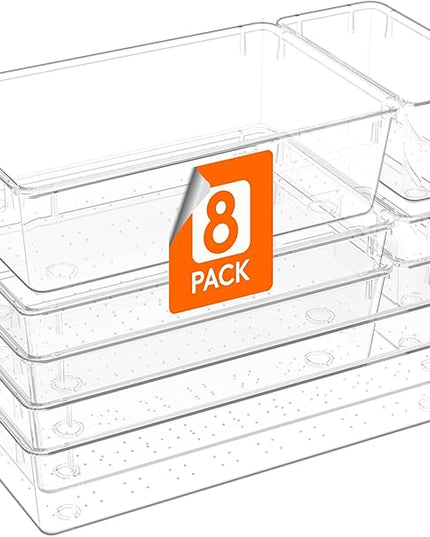 Lifewit 8 Pcs Large Bathroom Drawer Organizers, 3 Sizes Clear Plastic Storage Organizer Trays for Make Up, Kitchen Utensils, Vanity Accessories in Bathroom/Office/Dresser Organization
