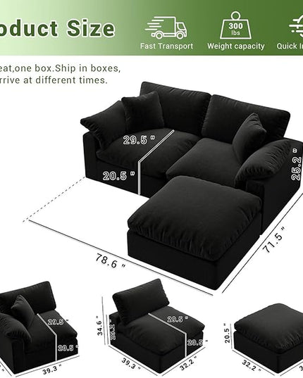Cloud Modular Sectional Sofa,2 Seat Down Filled Sofa 78.6" Minimalist Sofa,Cover Washable and Replaceable Couches for Living Room,Sectional Sofa Deep Seat Black