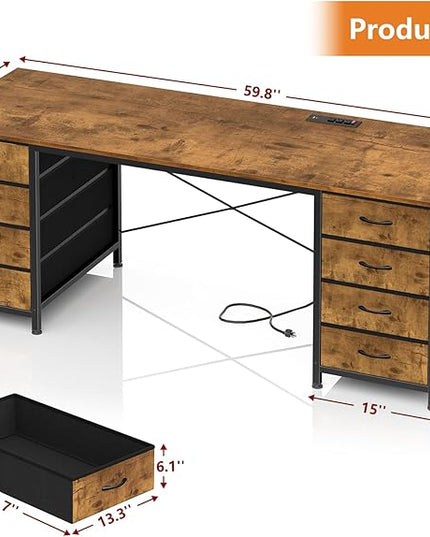60 Inch Computer Desk with 8 Drawers, Home Office Desk with Power Outlets, Work Study Gaming Desk with 8 Fabric Drawers, Rustic Brown