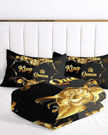 AILONEN King and Queen Crown Comforter Set Queen Size, Golden Rose Flower Pattern Bedding Set for Girls Teens,Black and Gray Duvet Set for Bedroom Decor,3 Pieces,1 Qulit and 2 Pillowcases,Soft