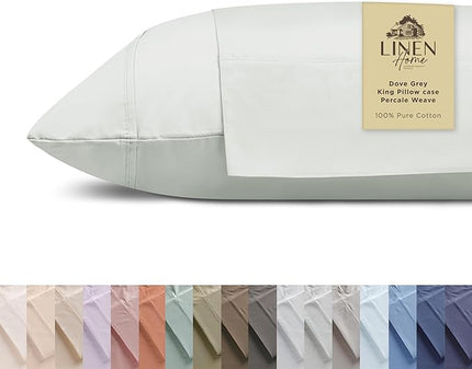 Linen Home 100% Cotton Percale Pillowcases King Size, Dove Grey, 2 Pieces of Pillow Case, Crisp and Cool Strong Bed Linen, 20 inches X 40 inches